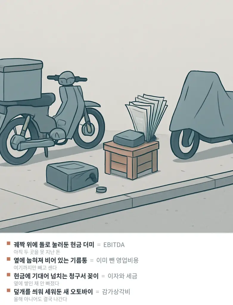 기름통은 비었고 청구서와 덮개 씌운 새 오토바이는 그대로 남아 있는 하루 벌이 장면