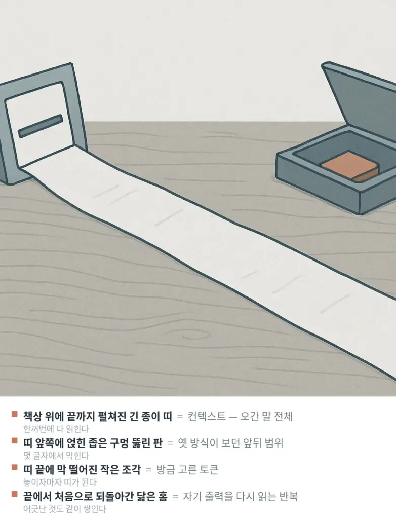 책상에 통째로 펼쳐진 종이 띠와 좁은 창, 끝에서 처음으로 돌아가는 닳은 홈