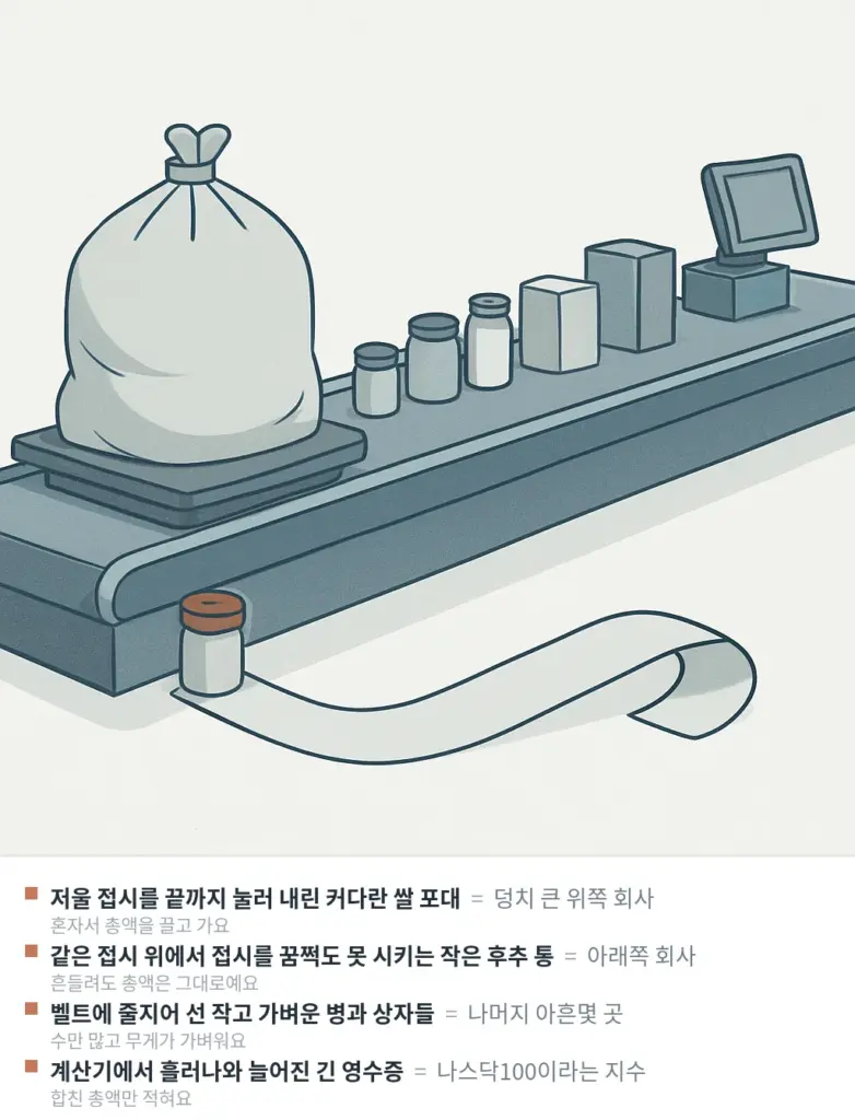 쌀 포대가 저울을 끝까지 눌러 내리고 후추 통은 같은 저울을 못 움직이는 계산대 그림
