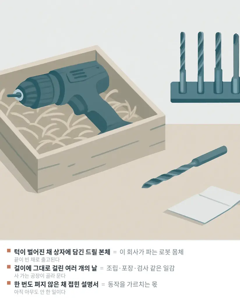 척이 빈 드릴 본체와 걸이에 그대로 걸린 날들, 펴지지 않은 설명서