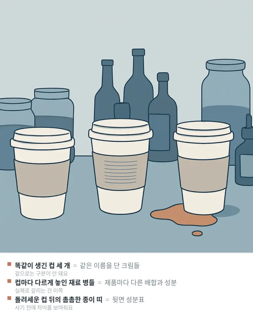 같은 이름을 단 컵 세 개와 컵마다 다르게 놓인 재료 병들
